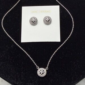 Tory Burch Silver Logo Medallion Necklace with Matching Studs